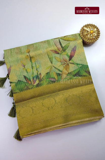 Premium Light Weight Zari Woven Cotton Silk Saree  - Greenish Yellow