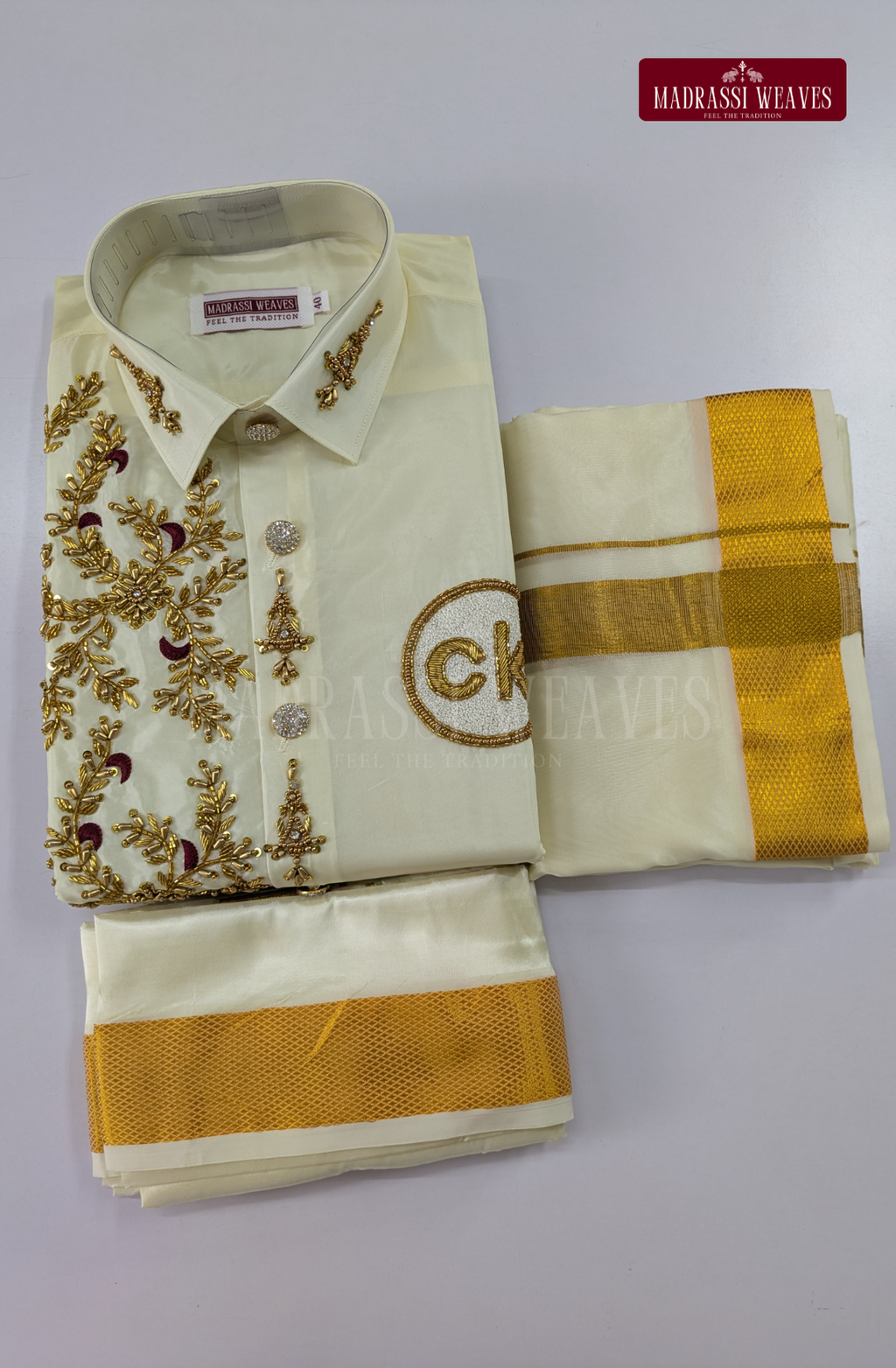 Luxury Aari Work Wedding Silk Dhoti Set (HandCrafted) -(DESPATCH TIME 15 DAYS) - Off White