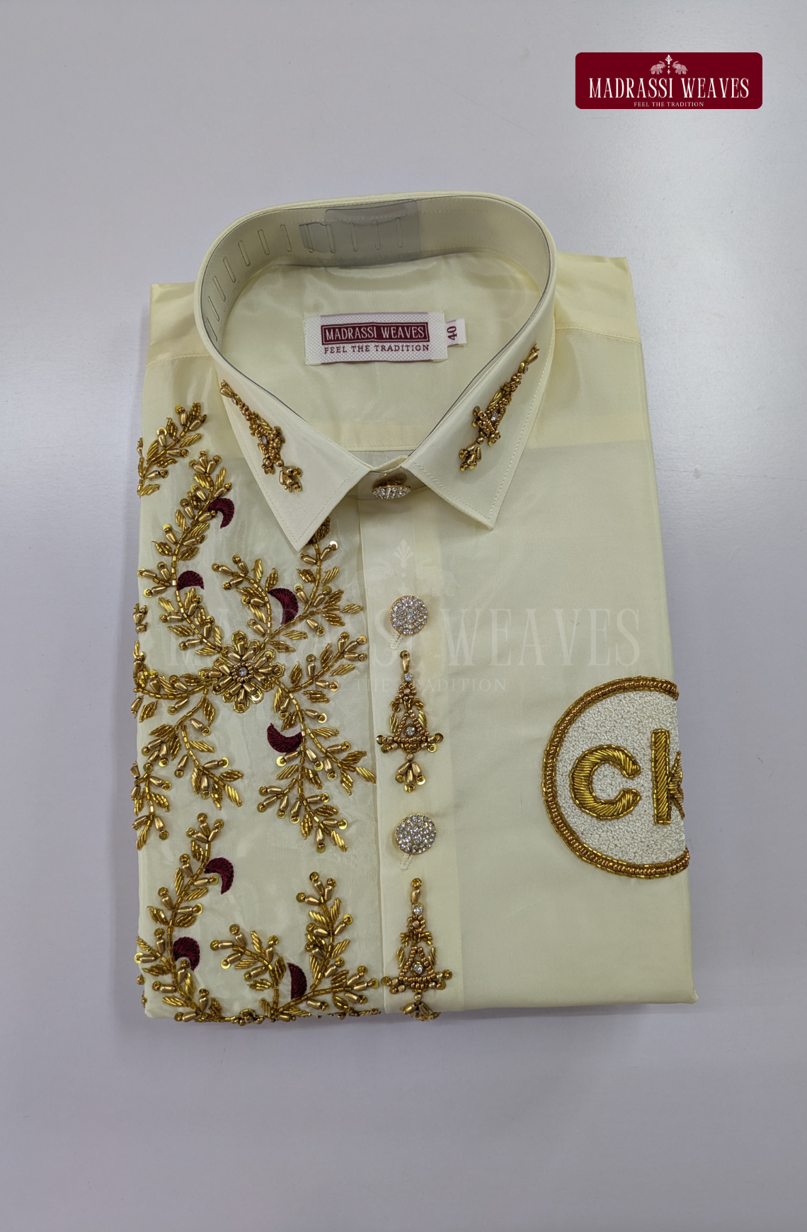 Luxury Aari Work Wedding Silk Dhoti Set (HandCrafted) -(DESPATCH TIME 15 DAYS) - Off White