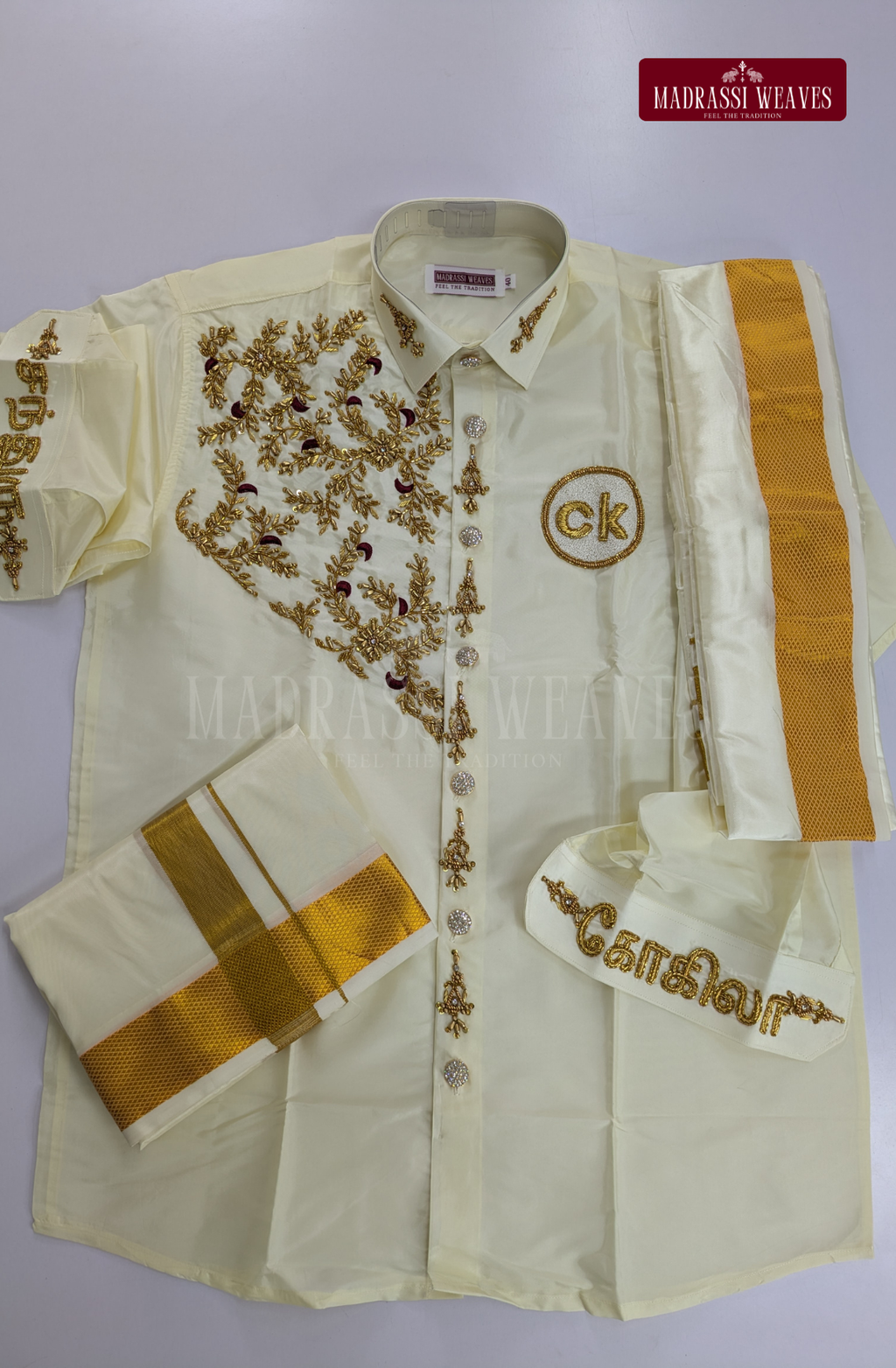 Luxury Aari Work Wedding Silk Dhoti Set (HandCrafted) -(DESPATCH TIME 15 DAYS) - Off White