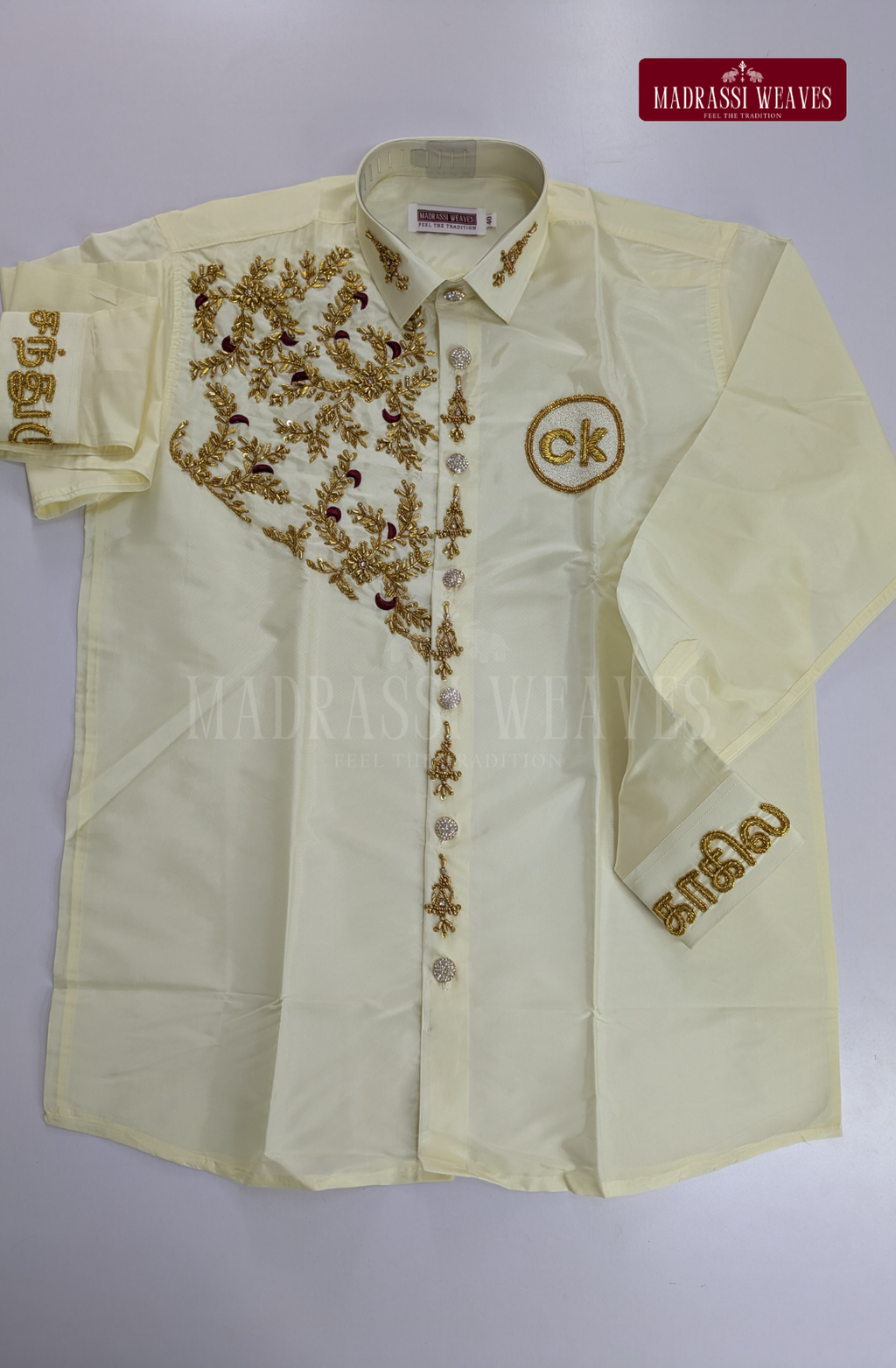 Luxury Aari Work Wedding Silk Dhoti Set (HandCrafted) -(DESPATCH TIME 15 DAYS) - Off White
