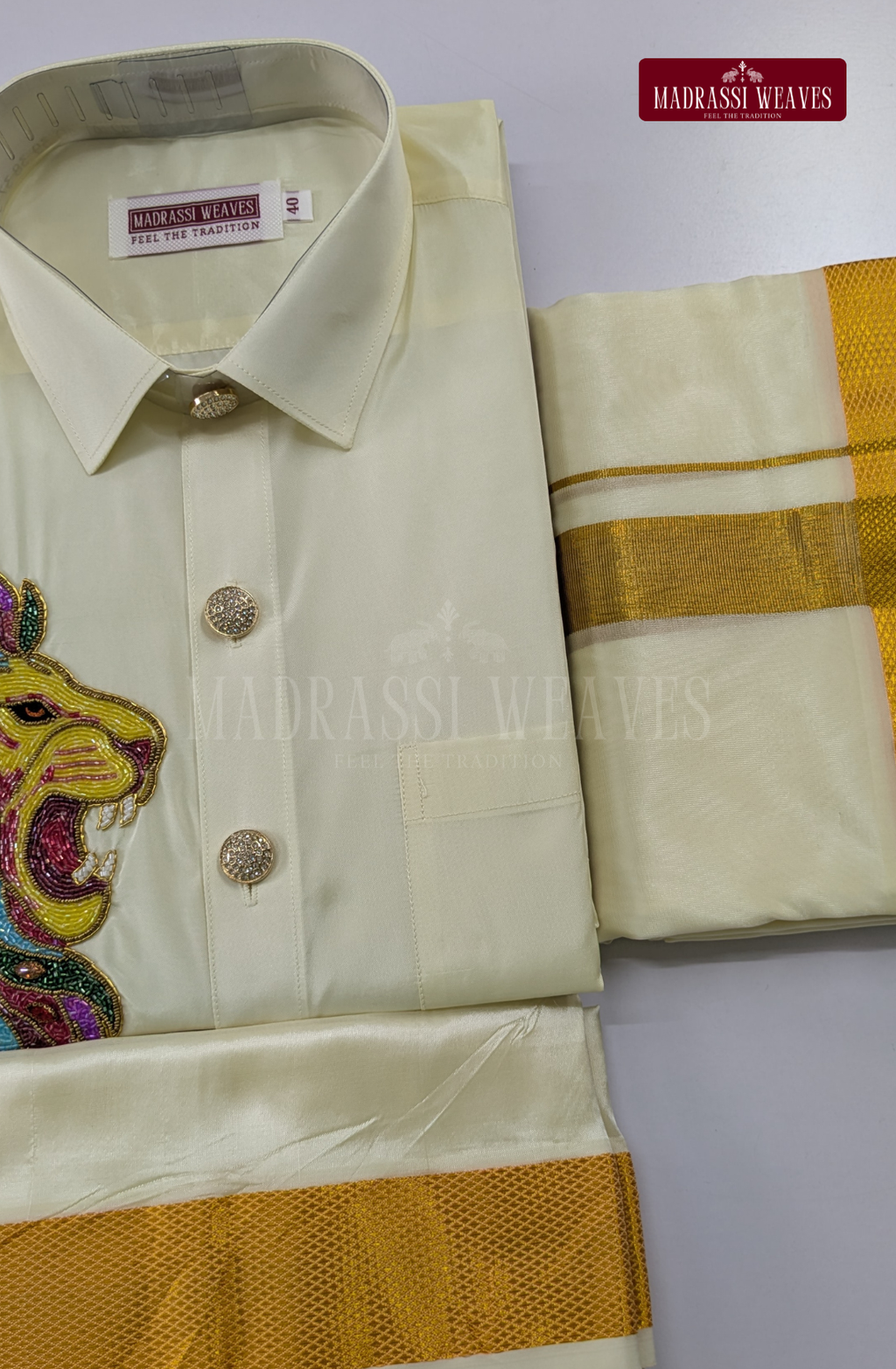 Luxury Aari Work Wedding Silk Dhoti Set (HandCrafted) -(DESPATCH TIME 15 DAYS) - Off White