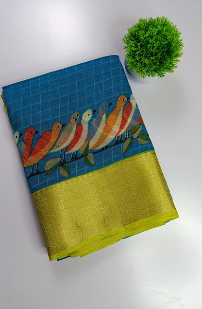 Chirpy Bird Printed Semi-Cotton Saree