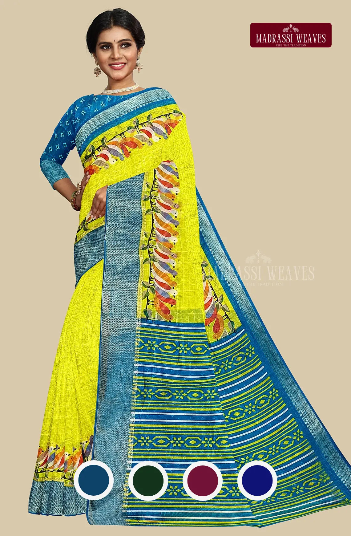 Chirpy Bird Printed Semi-Cotton Saree