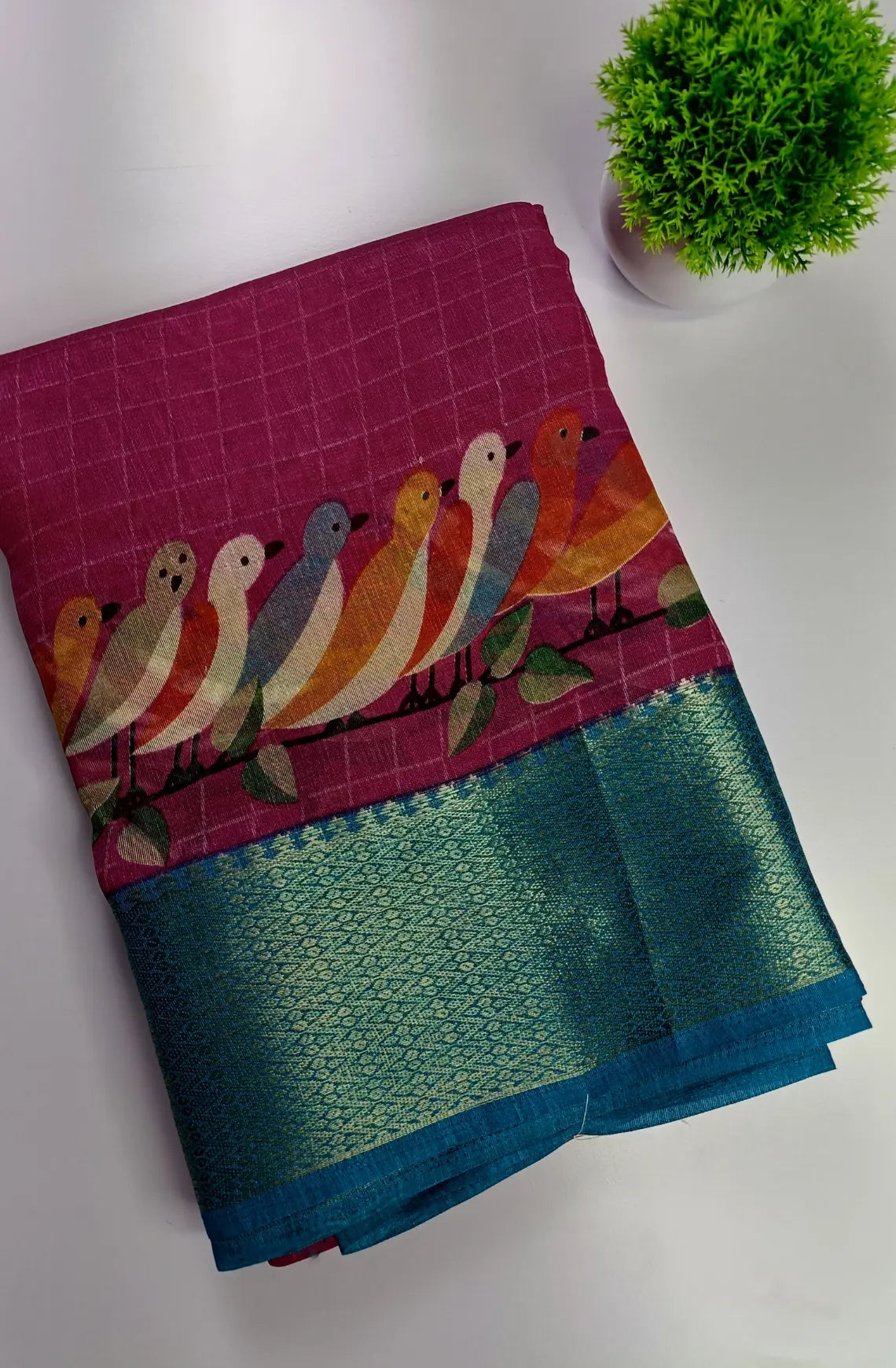 Chirpy Bird Printed Semi-Cotton Saree