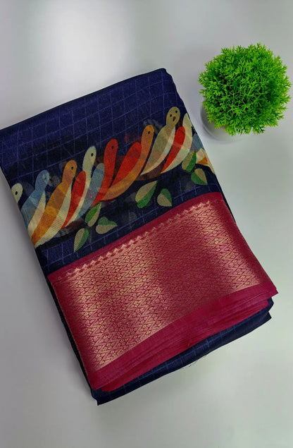 Chirpy Bird Printed Semi-Cotton Saree