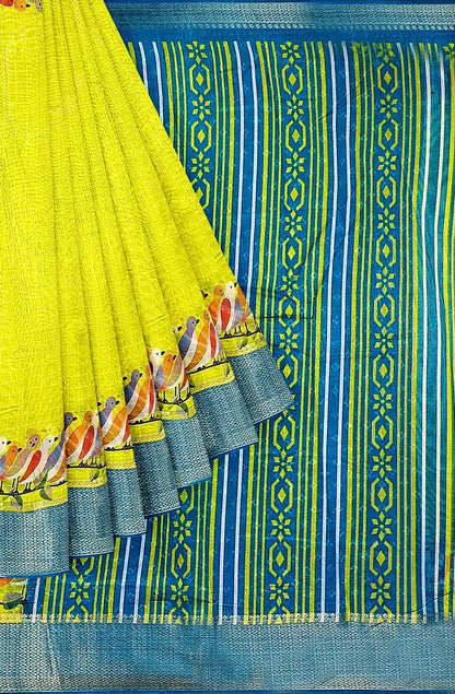 Chirpy Bird Printed Semi-Cotton Saree