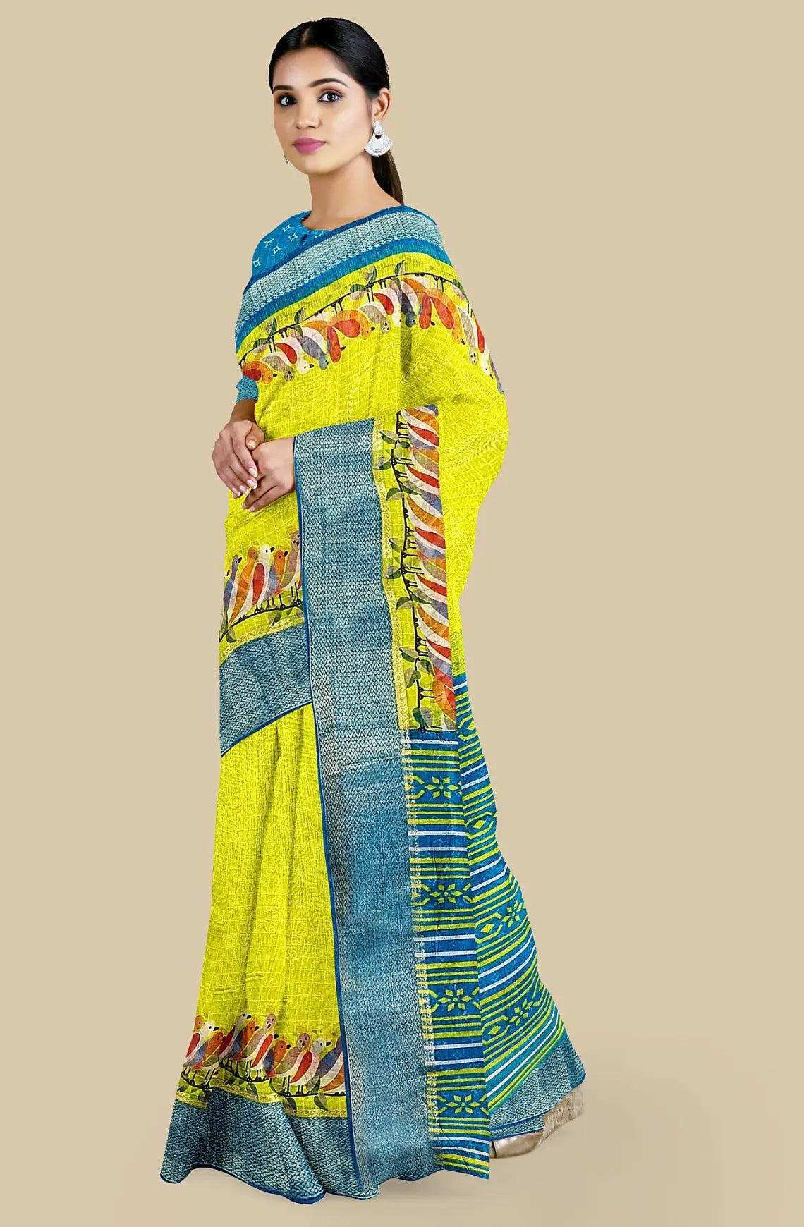 Chirpy Bird Printed Semi-Cotton Saree