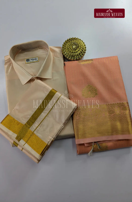 Premium Couple Combo Set with Gold Zari - Peach