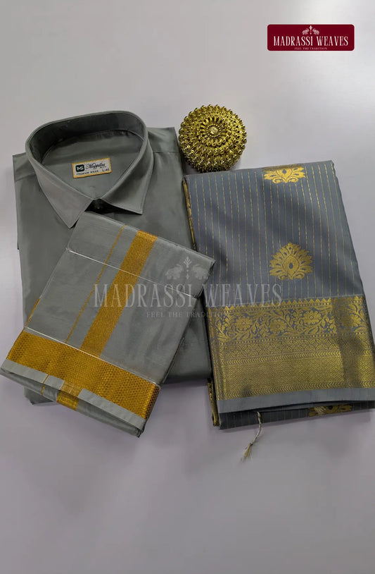 Premium Couple Combo Set with Gold Zari - Steel Grey