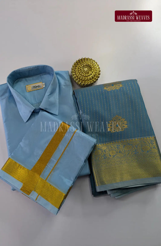 Premium Couple Combo Set with Gold Zari - Sky Blue
