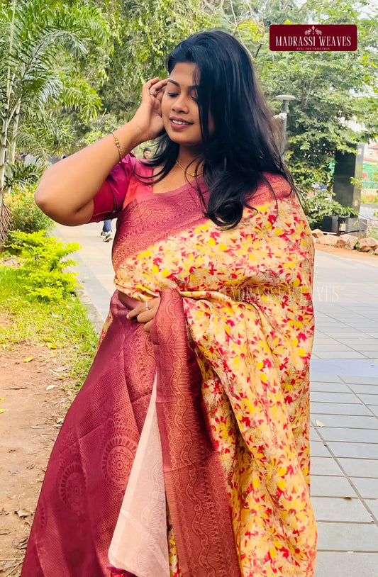 Digital Printed Floral Party Wear Saree - Mustard Yellow