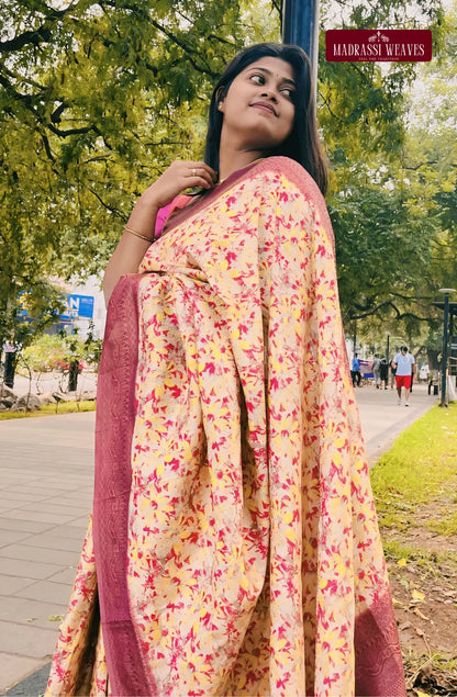 Digital Printed Floral Party Wear Saree - Mustard Yellow