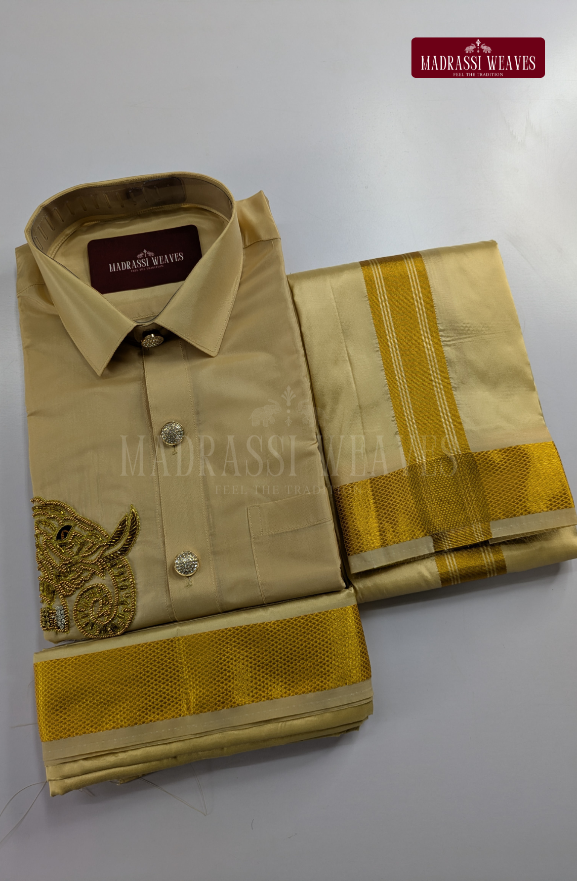 Luxury Aari Work Wedding Silk Dhoti Set (HandCrafted) -(DESPATCH TIME 15 DAYS)- Beige
