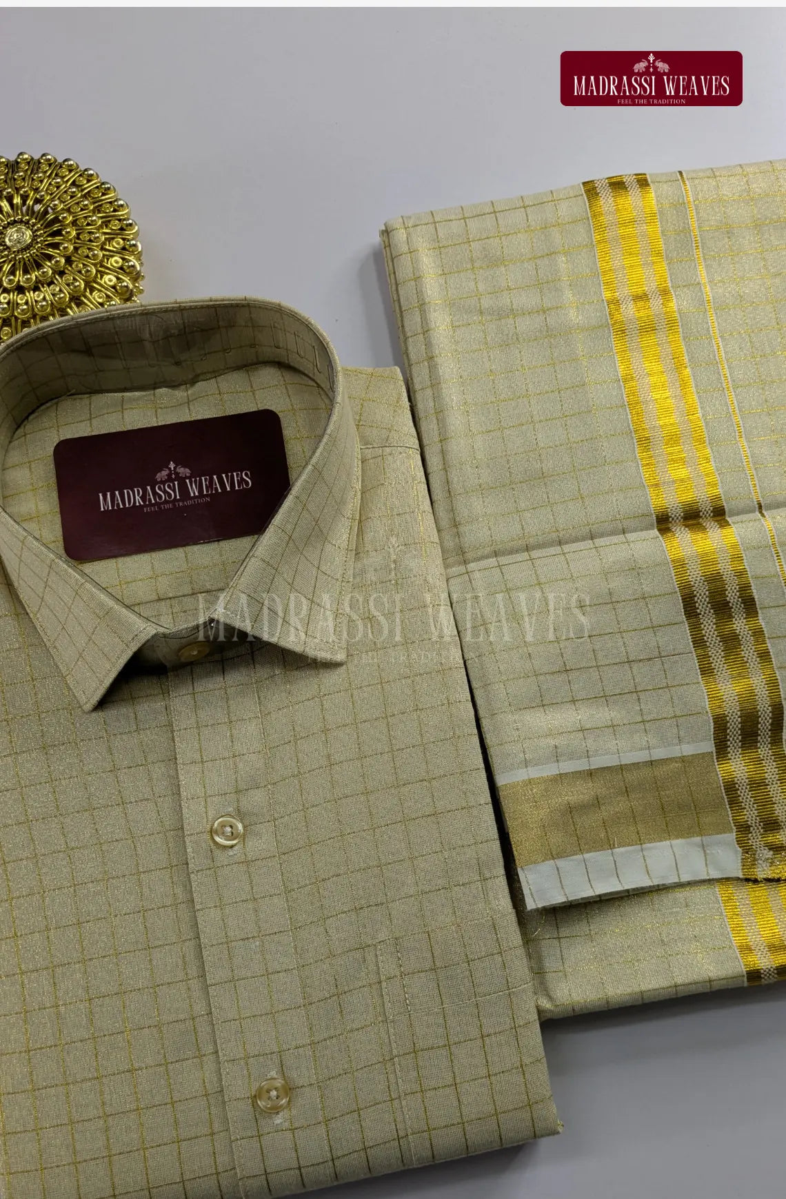 Elite Checkered Cotton Tissue Dhoti Set - Cream