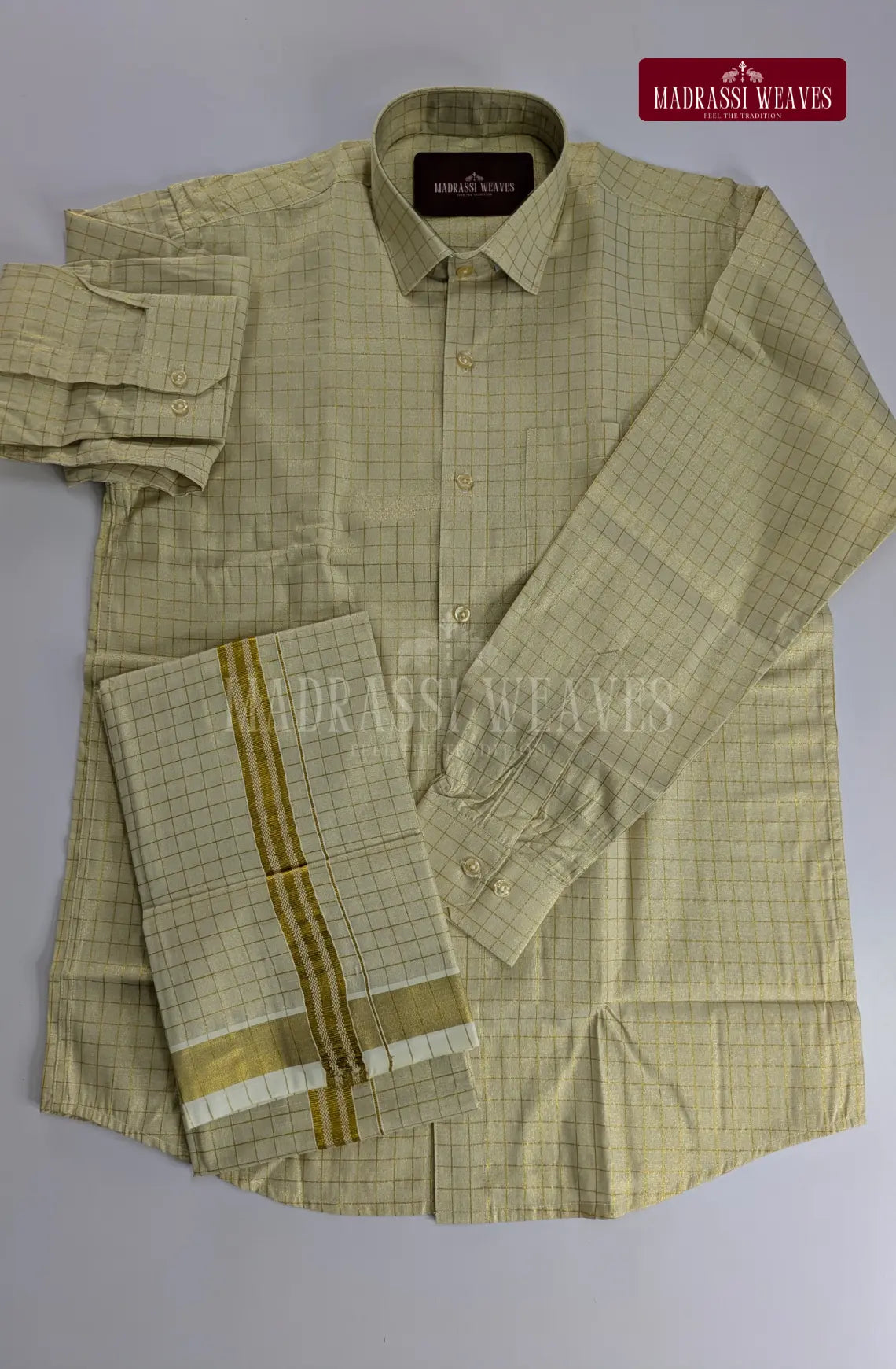 Elite Checkered Cotton Tissue Dhoti Set - Cream