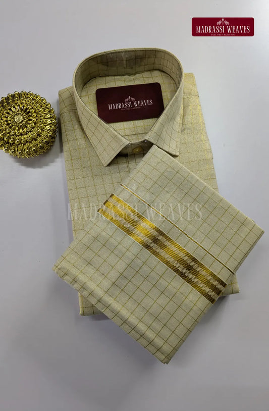 Elite Checkered Cotton Tissue Dhoti Set - Cream