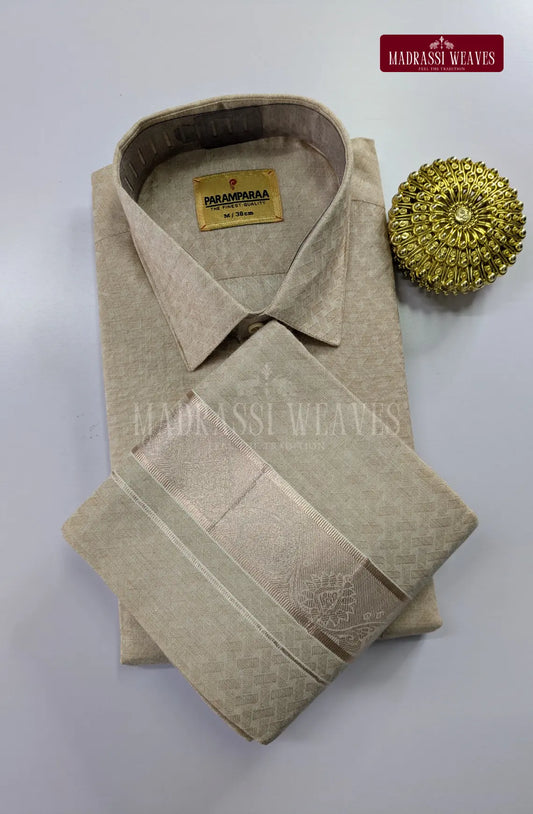 Elite  Embossed Pure Cotton Dhoti Set  - Sand Stone