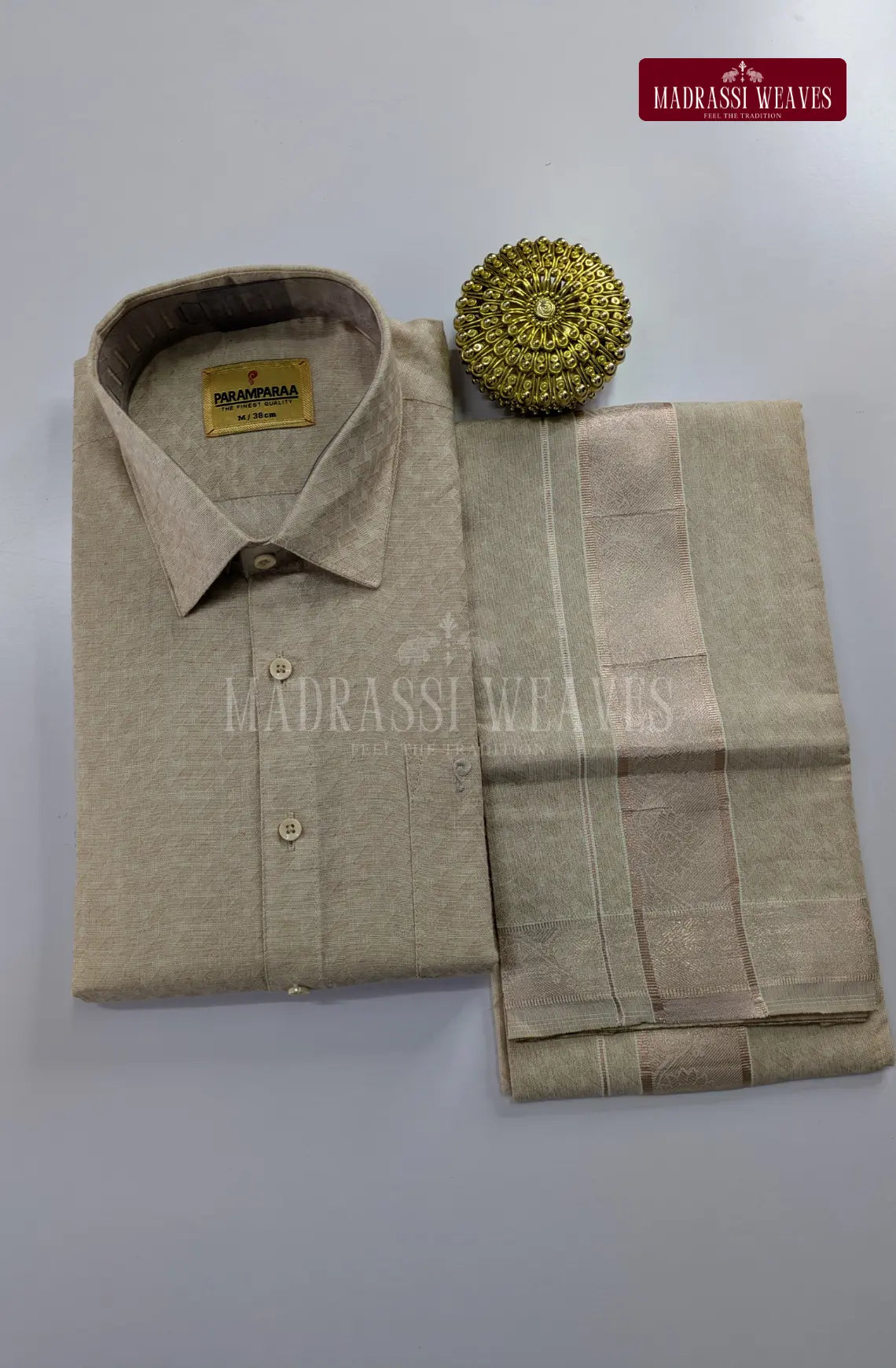 Elite  Embossed Pure Cotton Dhoti Set  - Sand Stone
