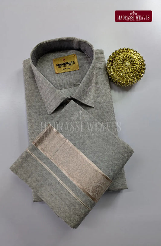 Elite  Embossed Pure Cotton Dhoti Set - Steel Grey