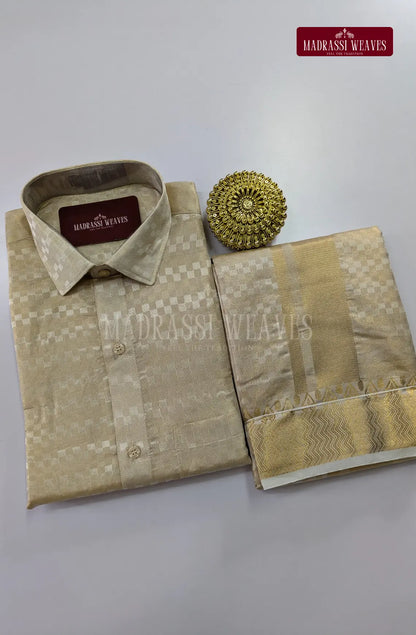 Luxury Zari Jacquard Border Wedding  Men's Dhoti Set With Towel - Ivory