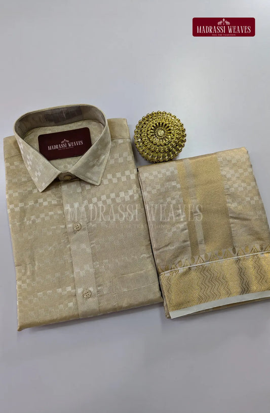 Luxury Zari Jacquard Border Wedding  Men's Dhoti Set With Towel - Ivory