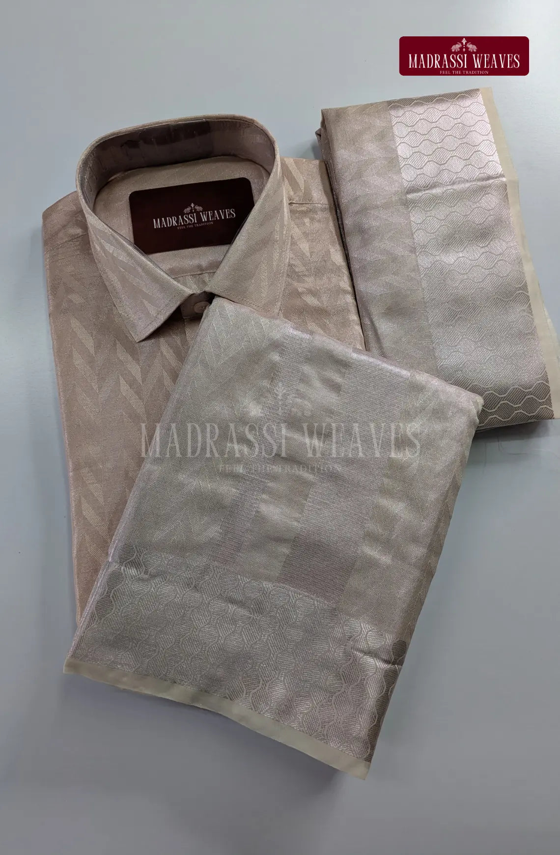 Luxury Zari Jacquard Border Wedding  Men's Dhoti Set With Towel - Rose Gold