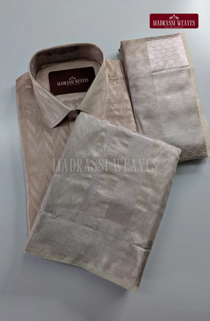 Luxury Zari Jacquard Border Wedding  Men's Dhoti Set With Towel - Rose Gold