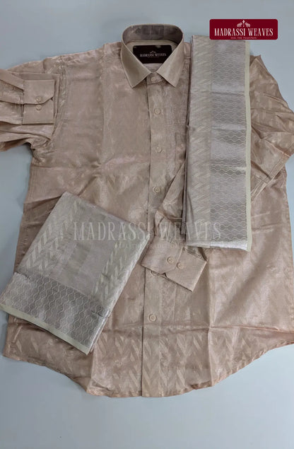 Luxury Zari Jacquard Border Wedding  Men's Dhoti Set With Towel - Rose Gold