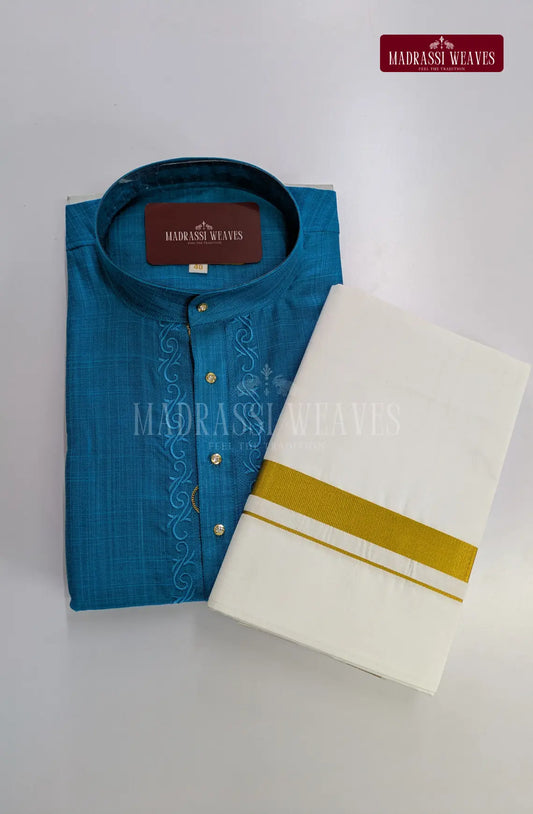 Ethnic Men's Cotton Kurta and Dhoti Set - Aqua Blue