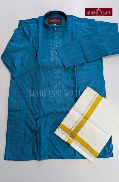 Ethnic Men's Cotton Kurta and Dhoti Set - Aqua Blue