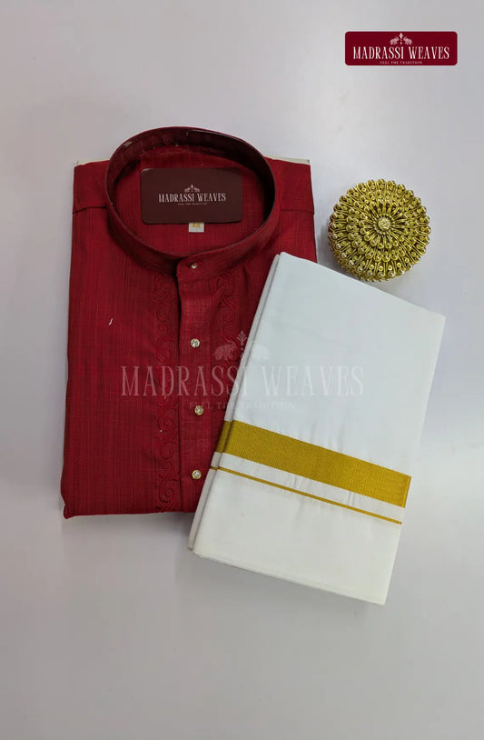 Ethnic Men's Cotton Kurta and Dhoti Set - Cherry Red