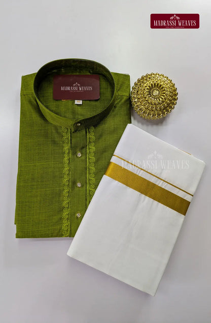 Ethnic Men's Cotton Kurta and Dhoti Set - Green
