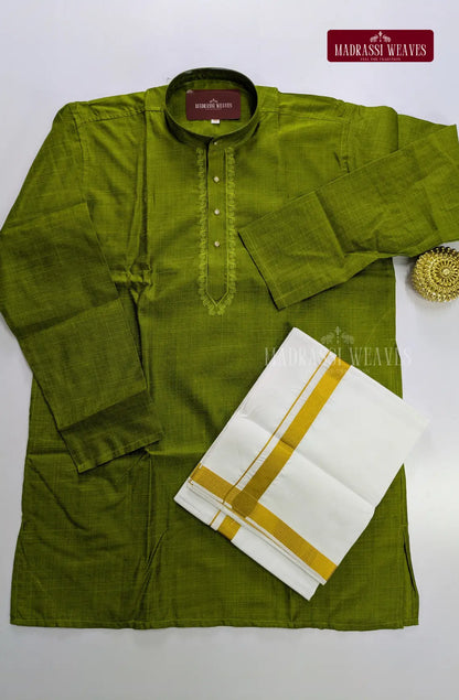 Ethnic Men's Cotton Kurta and Dhoti Set - Green