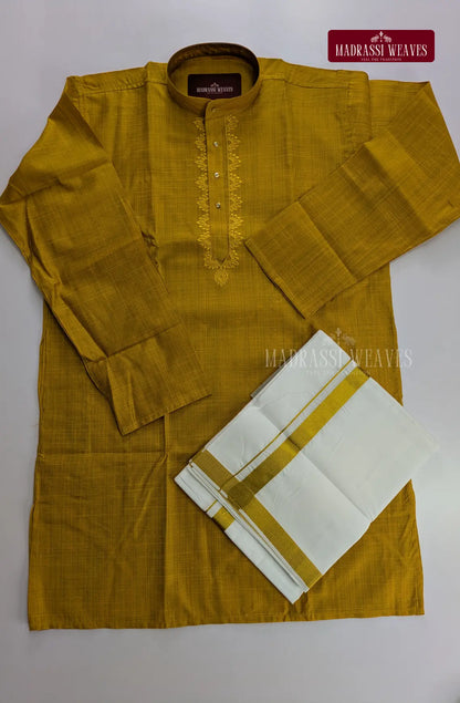 Ethnic Men's Cotton Kurta and Dhoti Set - Mustard