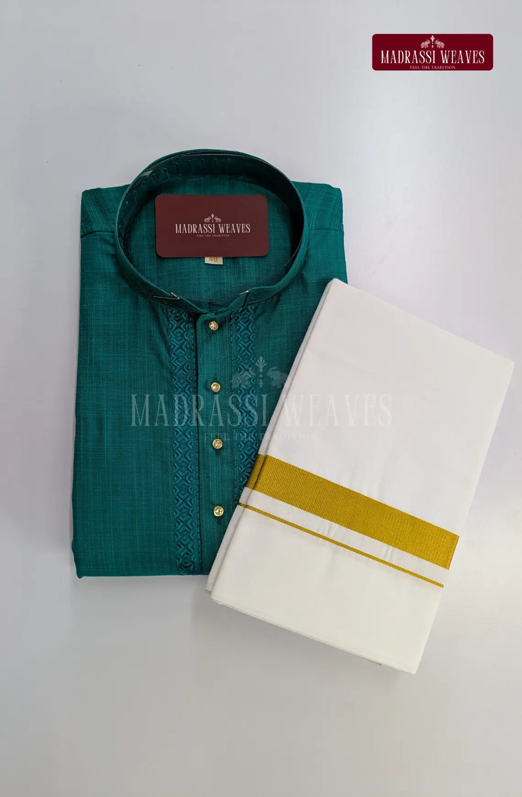 Ethnic Men's Cotton Kurta and Dhoti Set - Rama Green