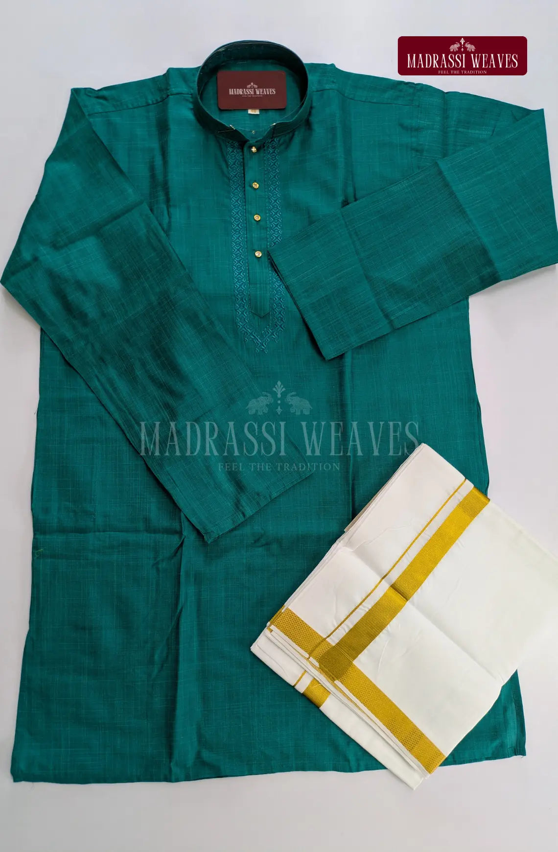 Ethnic Men's Cotton Kurta and Dhoti Set - Rama Green