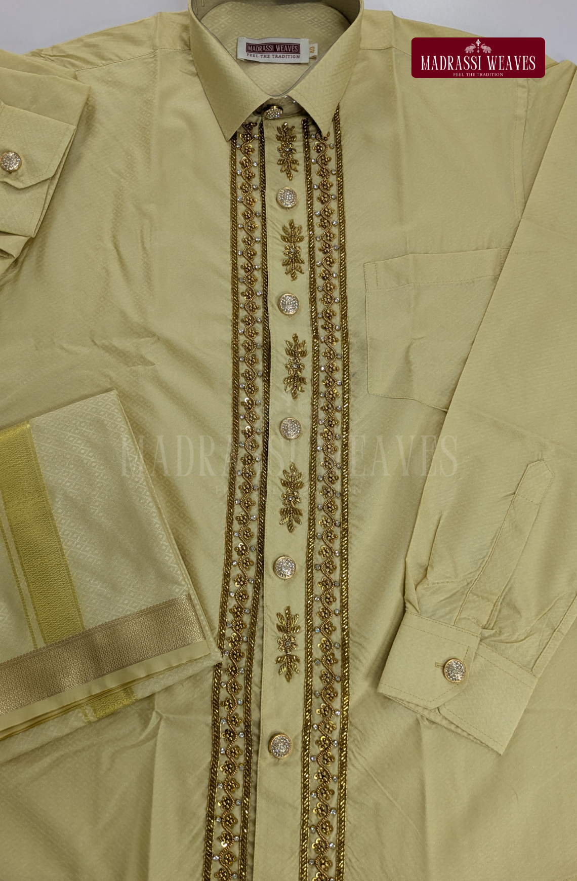 Luxury Aari Work Wedding Silk Dhoti Set (HandCrafted) -(DESPATCH TIME 15 DAYS) - Sandal
