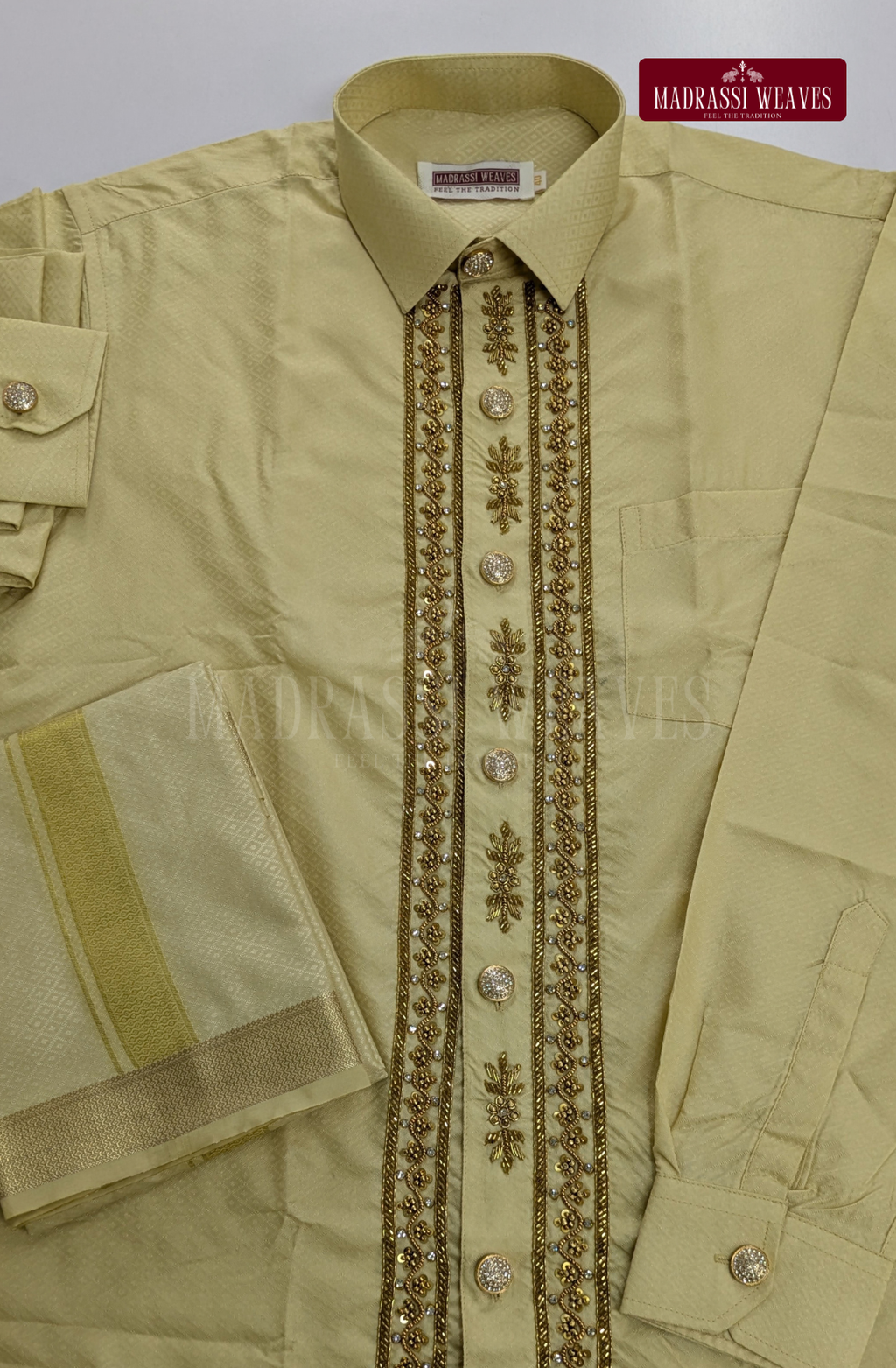 Luxury Aari Work Wedding Silk Dhoti Set (HandCrafted) -(DESPATCH TIME 15 DAYS) - SANDAL 2