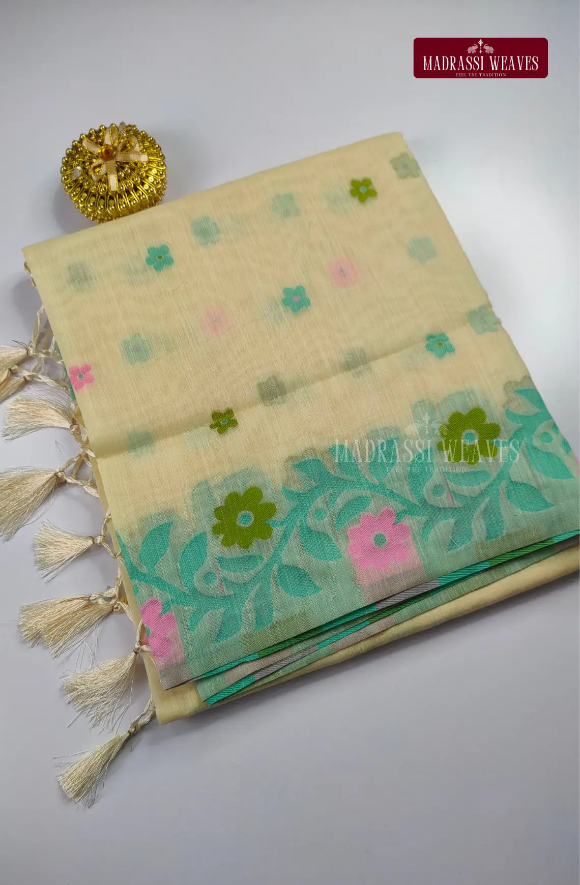 Fancy Meena Border White Cotton Blend Saree