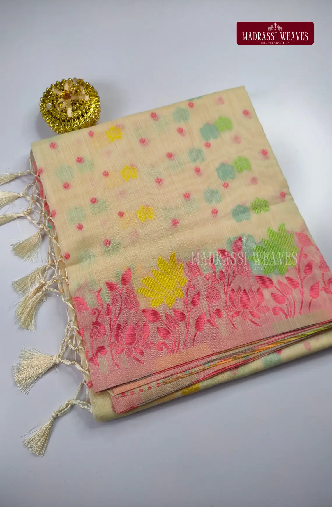 Fancy Meena Border White Cotton Blend Saree