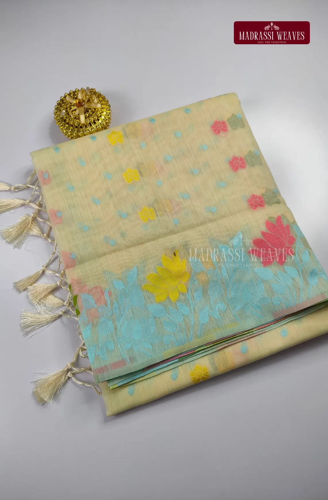 Fancy Meena Border White Cotton Blend Saree