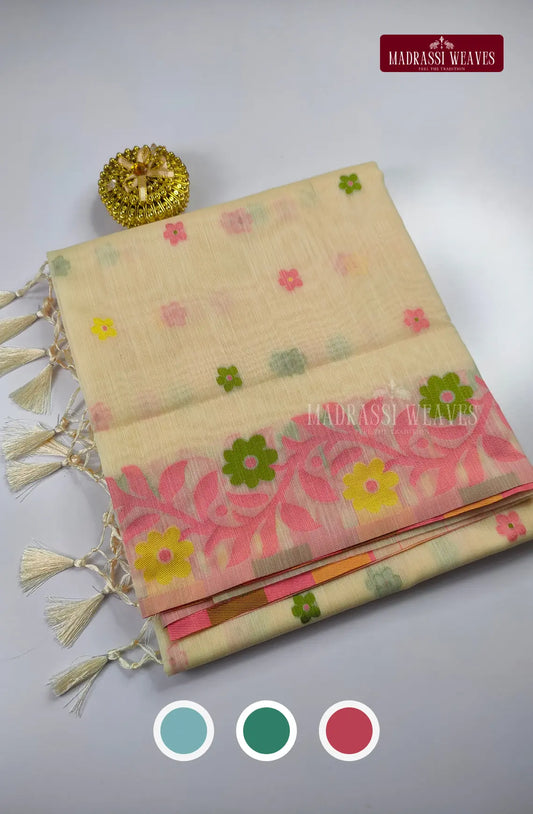 Fancy Meena Border White Cotton Blend Saree