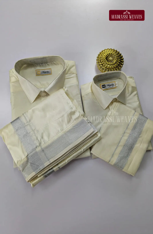 Father Son Combo Japan Silk Dhoti Set - Off White