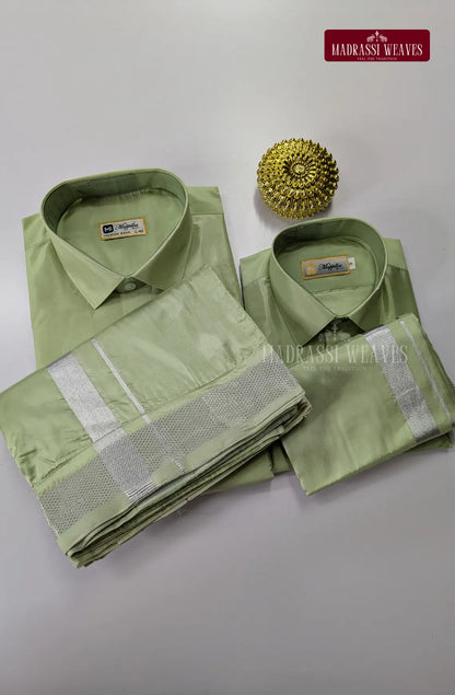 Father Son Combo Japan Silk Dhoti Set - Pastel Green