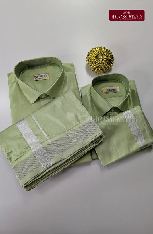 Father Son Combo Japan Silk Dhoti Set - Pastel Green