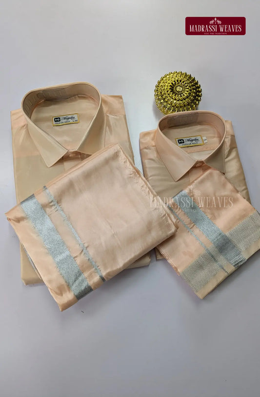 Father Son Combo Japan Silk Dhoti Set - Peach