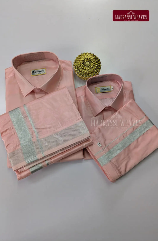 Father Son Combo Japan Silk Dhoti Set - Pink