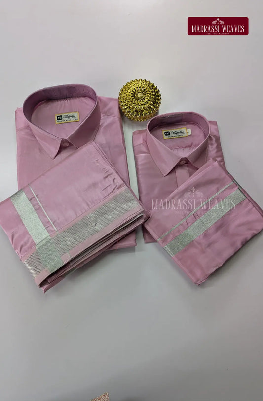Father Son Combo Japan Silk Dhoti Set - Rosy Pink