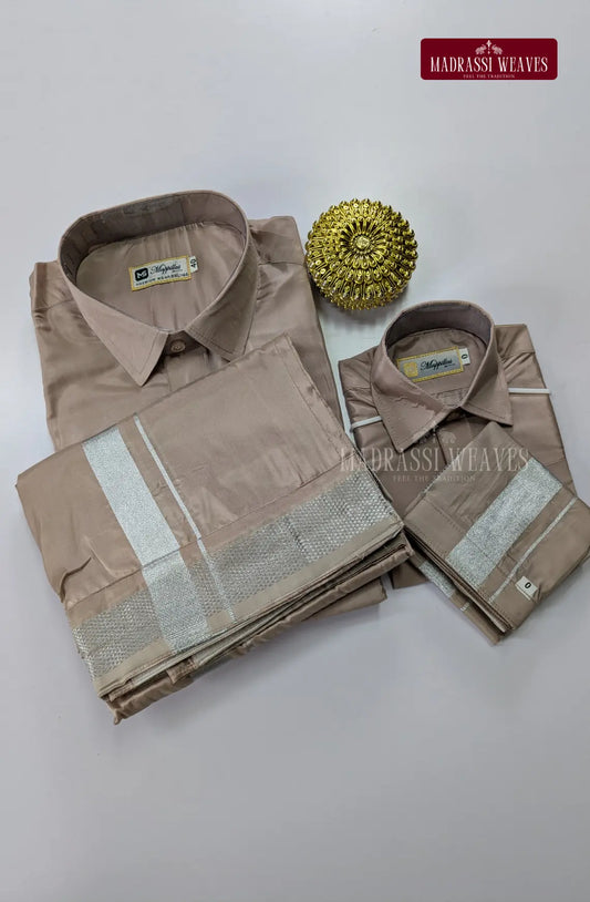 Father Son Combo Japan Silk Dhoti Set - Sandstone
